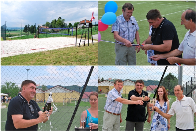 Igrišče za odbojko na mivki, rezanje traku, odpiranje šampanjca in nazdravljanje